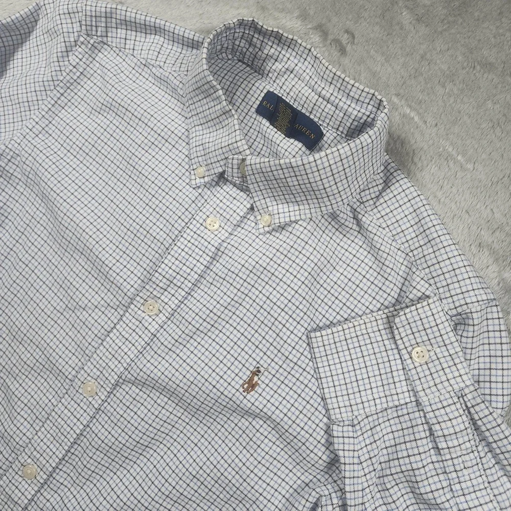 Ralph Lauren Shirt Boy Large 14-16 Blue Check Long Sleeve Button Down Flesh Pony